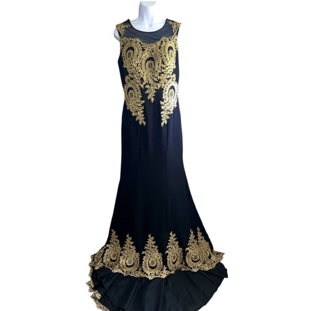 Black And Gold Mesh Embroidered Full Train Gown Evening Dress Size M